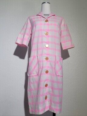 Vintage Stockton Pink Yvory Shirt Dress Gingham Button Up Front Pockets. No Size